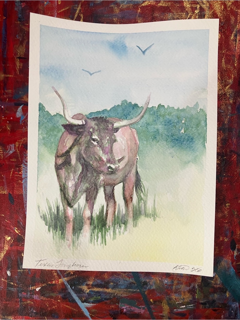 Original Texas Longhorn landscape painting steer art cow ranch western artwork